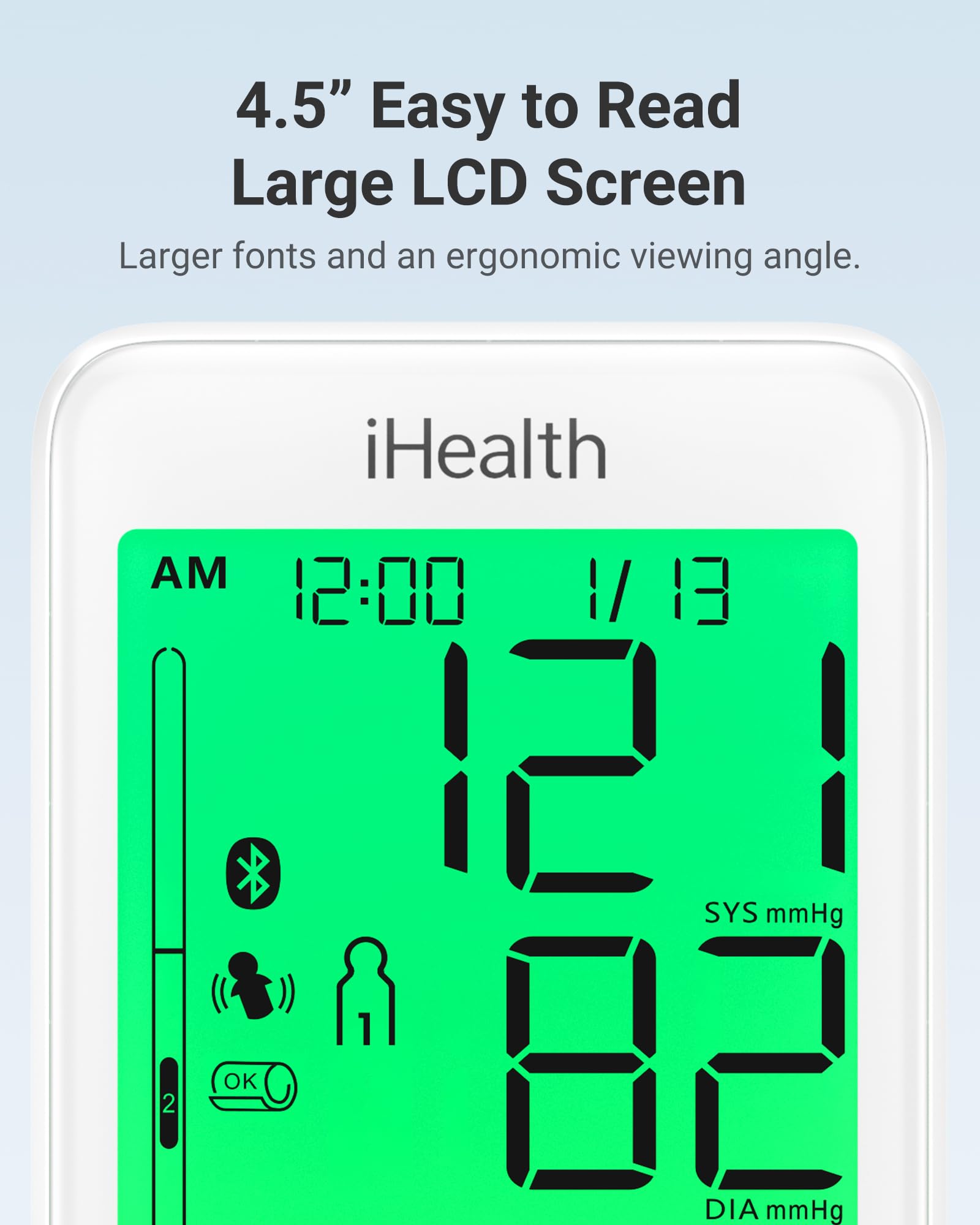 iHealth Accu Luminate Arm Blood Pressure Monitor – 4.5" Large Tri-Color WHO-Based LCD, Clinically Validated Accuracy, Irregular Heartbeat Alert, Bluetooth Cloud Sync, Adjustable Large 8.6"–17" Cuff - Image 4