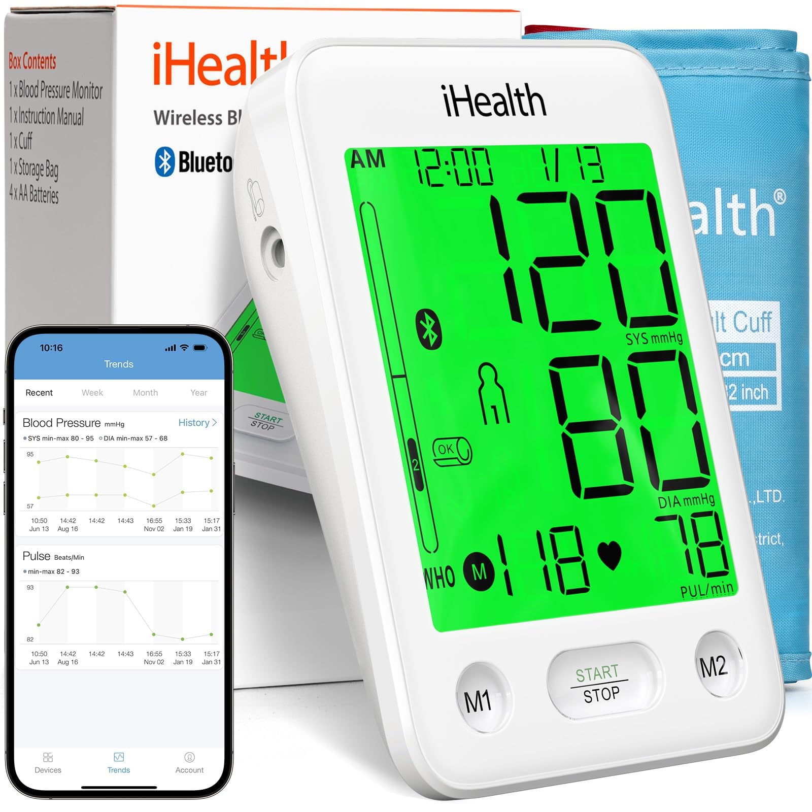 iHealth Accu Luminate Arm Blood Pressure Monitor – 4.5" Large Tri-Color WHO-Based LCD, Clinically Validated Accuracy, Irregular Heartbeat Alert, Bluetooth Cloud Sync, Adjustable Large 8.6"–17" Cuff