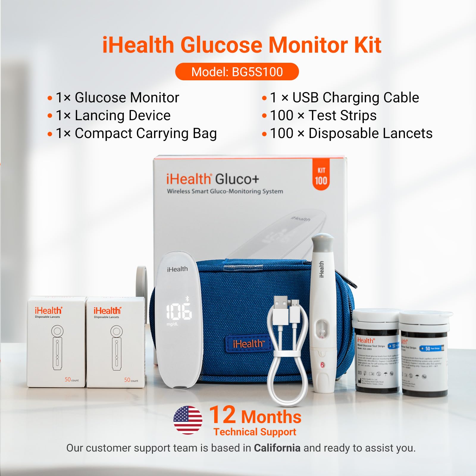 iHealth Gluco+ Wireless Smart Blood Glucose Monitor Kit with Free App, 100 Glucometer Strips, 100 Lancets, 1 Blood Sugar Monitor, 1 Lancing Device, Portable Diabetes Testing Kit for Home Use - Image 2