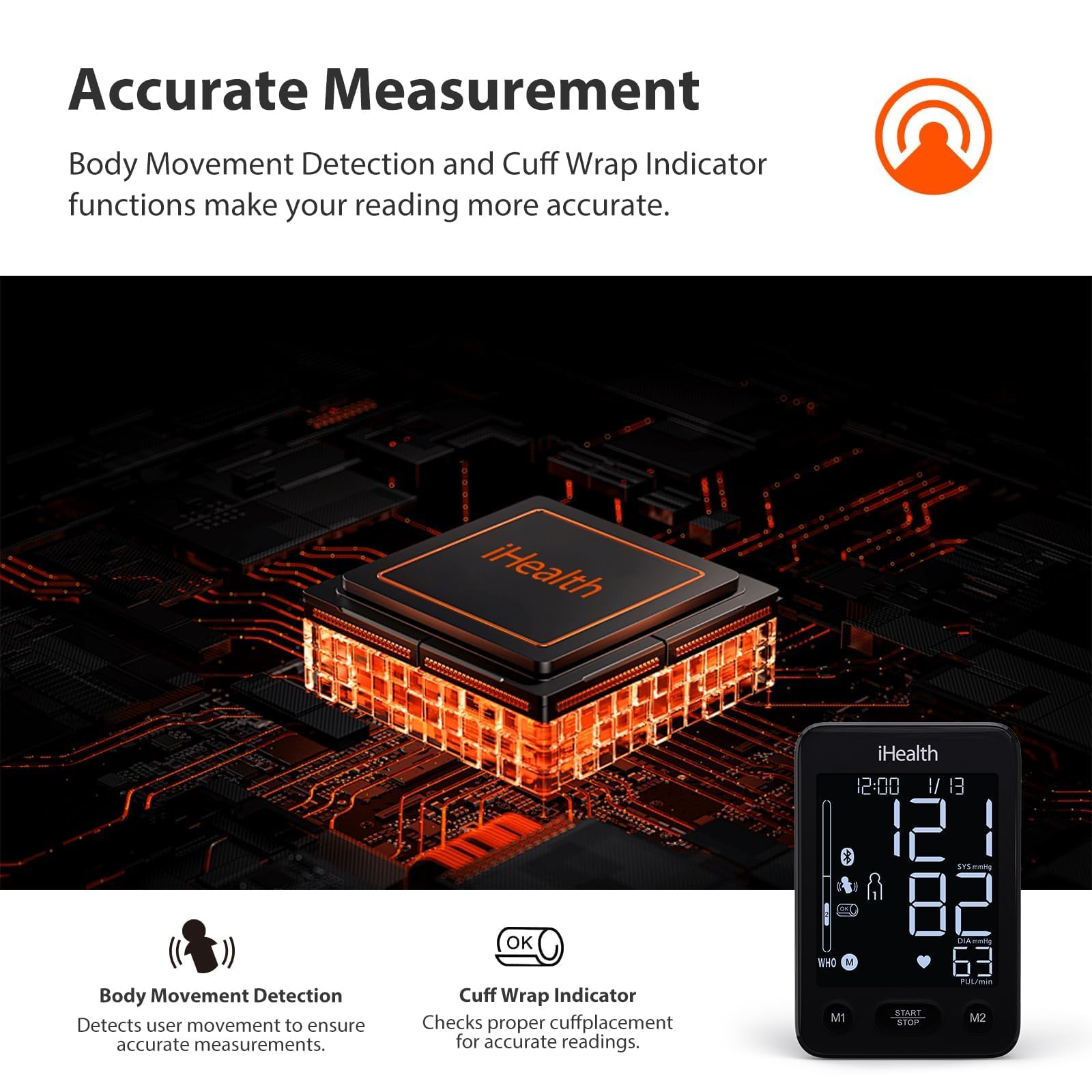 iHealth Accu Blood Pressure Monitor – 4.5" Large LCD, Clinically Accurate, Irregular Heartbeat Alert, Body & Cuff Detection, Bluetooth Sync, Adjustable Large 8.6"–17" Cuff– Easy for Seniors & Adults - Image 6