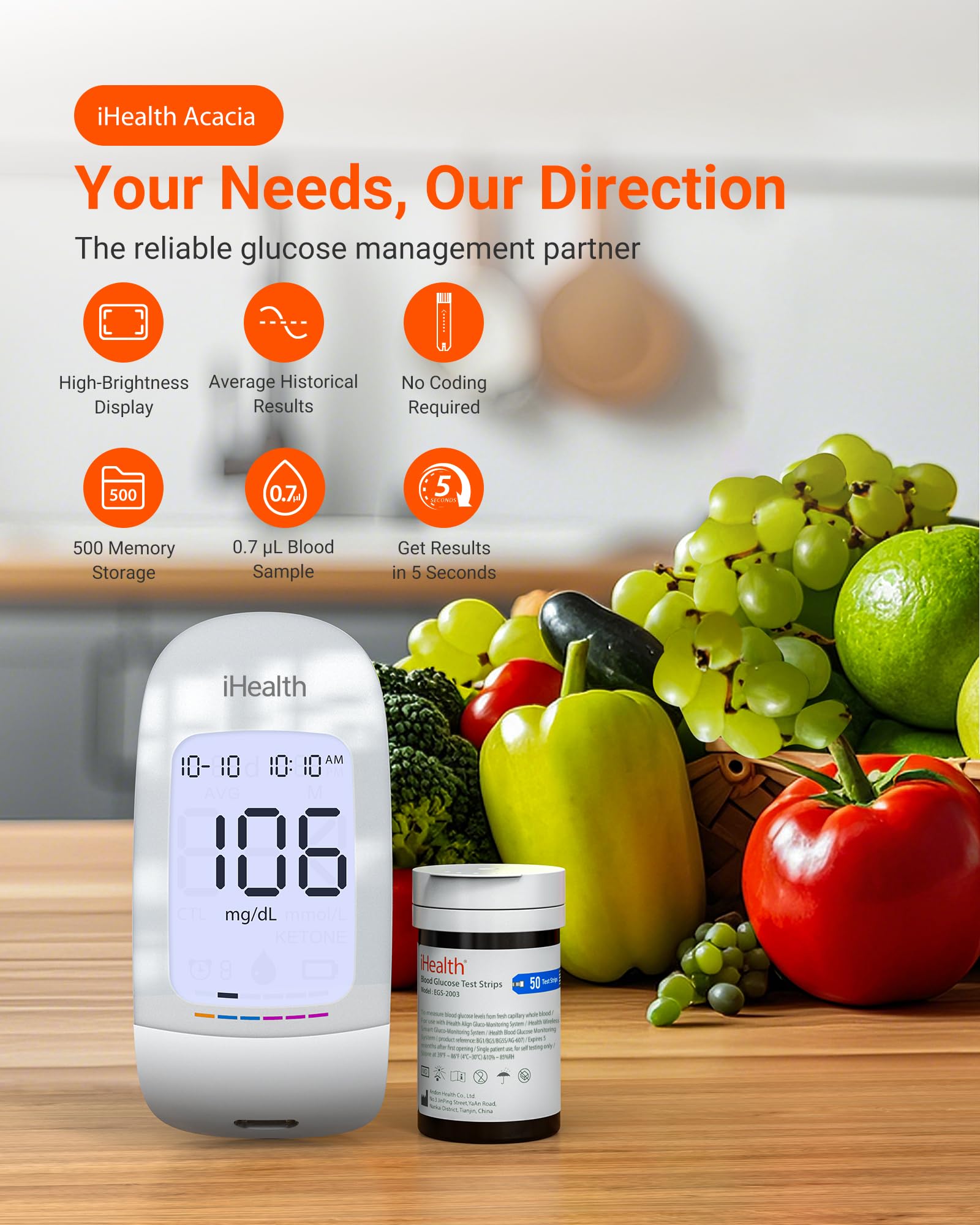 iHealth Acacia Blood Glucose Monitor Kit, 100 Glucometer Strips, 100 Lancets, 1 Blood Sugar Monitor, 1 Lancing Device, 1 Travel Bag, No Coding, Portable Blood Sugar Testing Kit, Diabetes Testing - Image 9