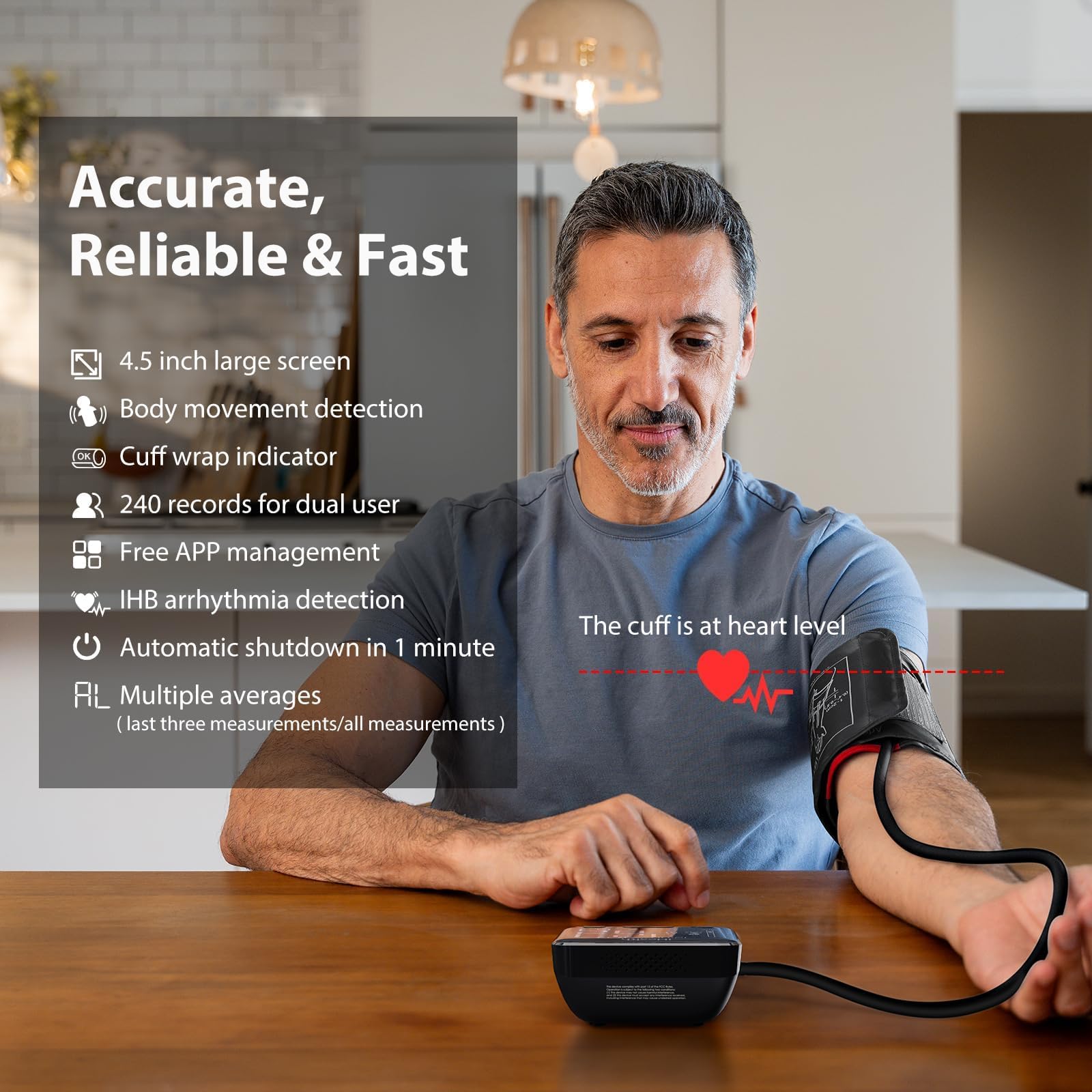 iHealth Accu Blood Pressure Monitor – 4.5" Large LCD, Clinically Accurate, Irregular Heartbeat Alert, Body & Cuff Detection, Bluetooth Sync, Adjustable Large 8.6"–17" Cuff– Easy for Seniors & Adults - Image 7