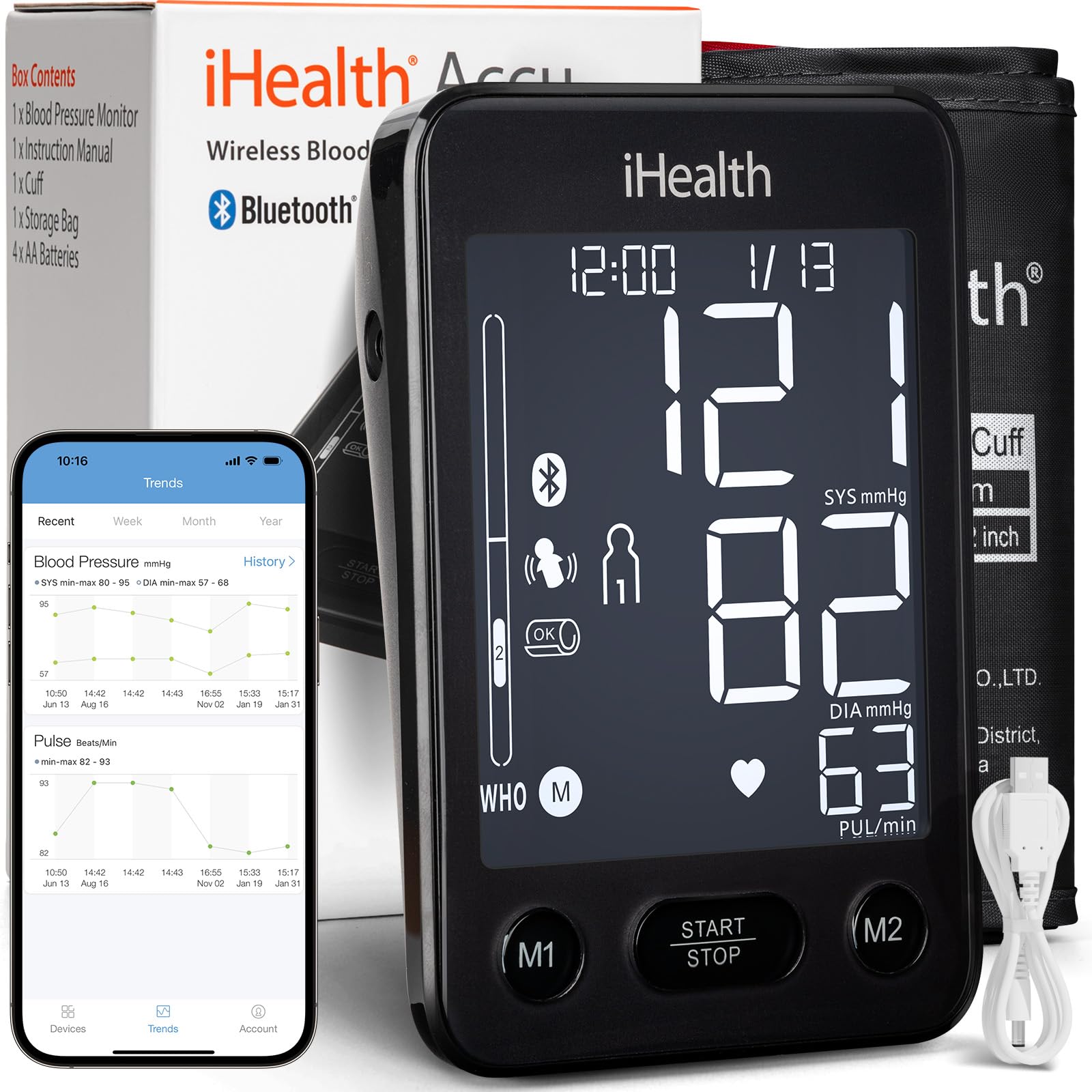 iHealth Accu Blood Pressure Monitor – 4.5" Large LCD, Clinically Accurate, Irregular Heartbeat Alert, Body & Cuff Detection, Bluetooth Sync, Adjustable Large 8.6"–17" Cuff– Easy for Seniors & Adults