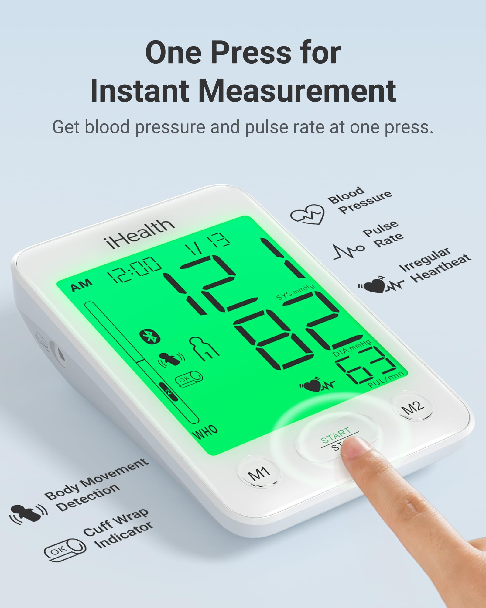 iHealth Accu Luminate Arm Blood Pressure Monitor – 4.5" Large Tri-Color WHO-Based LCD, Clinically Validated Accuracy, Irregular Heartbeat Alert, Bluetooth Cloud Sync, Adjustable Large 8.6"–17" Cuff - Image 7
