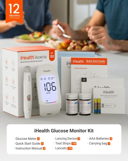 iHealth Acacia Blood Glucose Monitor Kit, 100 Glucometer Strips, 100 Lancets, 1 Blood Sugar Monitor, 1 Lancing Device, 1 Travel Bag, No Coding, Portable Blood Sugar Testing Kit, Diabetes Testing - Image 3