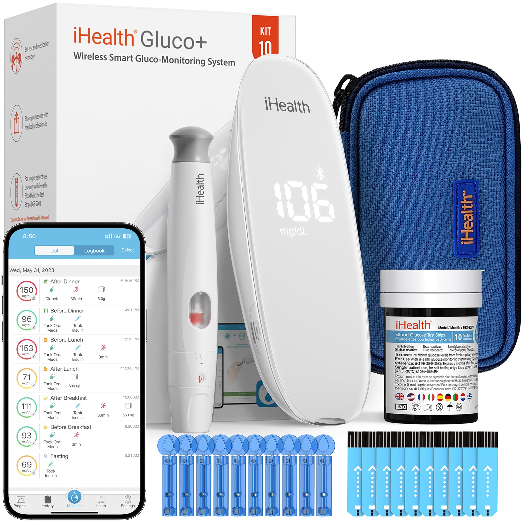 iHealth Gluco+ Wireless Smart Blood Glucose Monitor Kit with Free App, 10 Glucometer Strips, 10 Lancets, 1 Blood Sugar Monitor, 1 Lancing Device, Portable Diabetes Testing Kit for Home Use