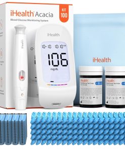 iHealth Acacia Blood Glucose Monitor Kit, 100 Glucometer Strips, 100 Lancets, 1 Blood Sugar Monitor, 1 Lancing Device, 1 Travel Bag, No Coding, Portable Blood Sugar Testing Kit, Diabetes Testing